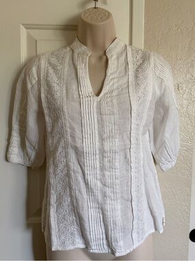 NWT$135 Lauren Ralph Lauren Lace Pintuck Blouse, Top, 💯 Linen PXS, 18”PTP, 22”L